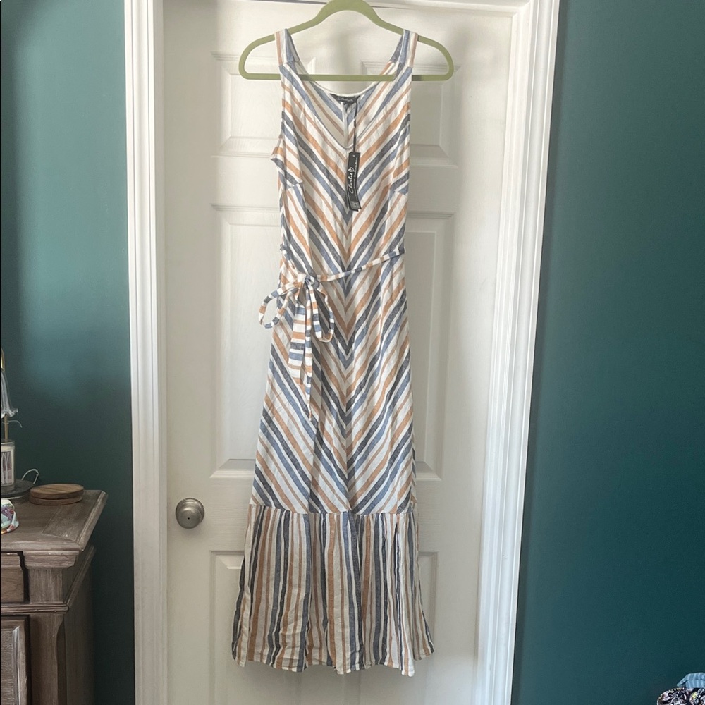CHARLIE B Striped Maxi Dress in Blue, Cream, and Tan